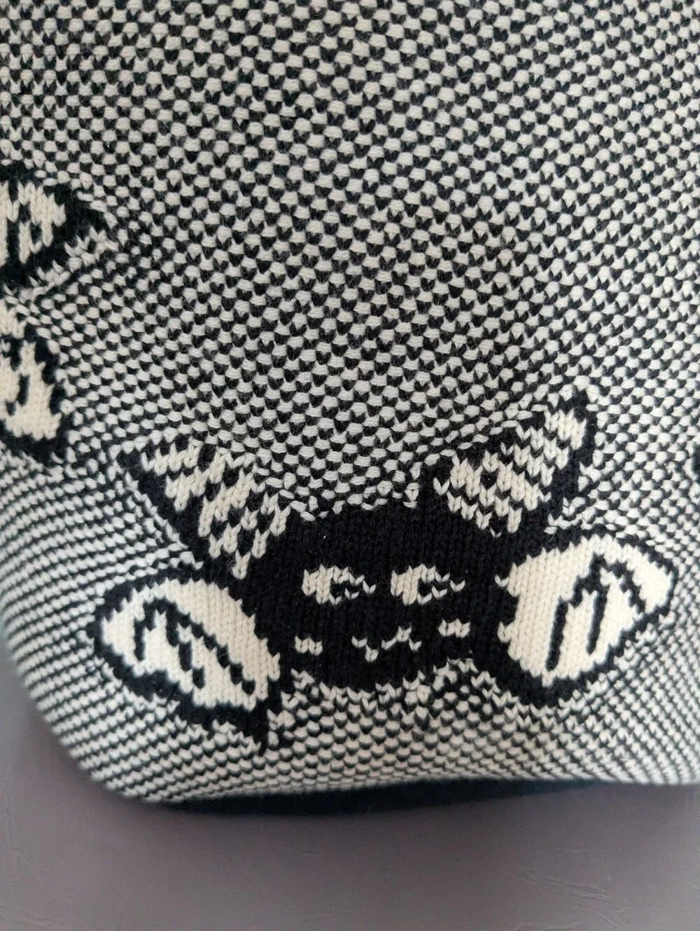 Black and Cream Knit Tote Bag with Bat Motif